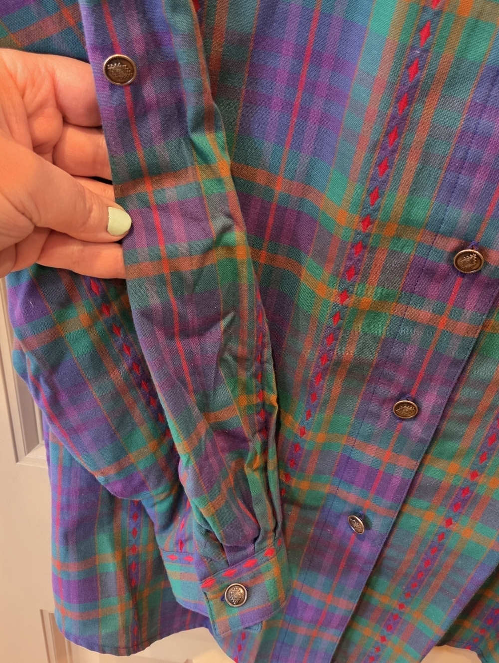 Vintage Koret City Blues Plaid Embroidered Shirt XL | Southwest Boho Button Dow - Picture 4 of 14